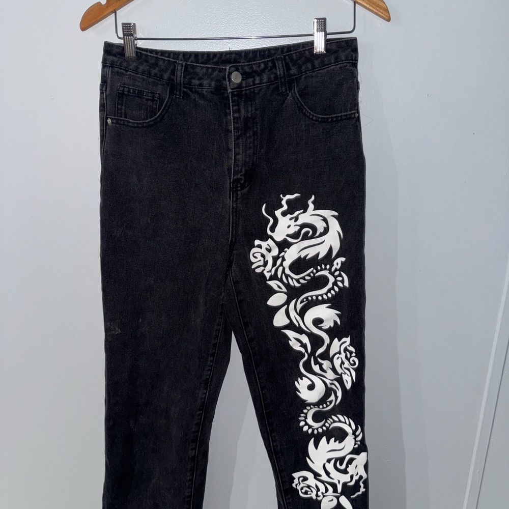 Black Relaxed Fit Jeans with White Dragon Design